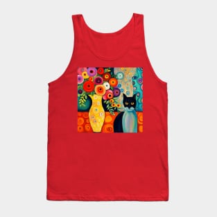 Black and Blue Cat in Still Life Painting with Flower Vase Tank Top